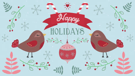 Animation-Von-Frohe-Feiertage-Wörtern-Mit-Sich-Bewegenden-Vögeln-Auf-Weihnachtlichem-Dekorationshintergrund