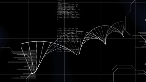 Digitale-Animation-Einer-DNA-Struktur,-Die-Sich-Vor-Dem-Hintergrund-Der-Datenverarbeitung-Auf-Blauem-Hintergrund-Dreht