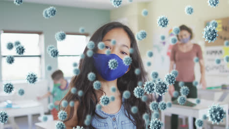 Animation-of-covid-19-cells-with-schoolgirl-in-classroom-wearing-face-mask