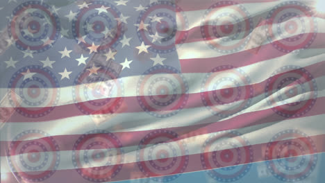 US-Dollar-Fallen-Und-Sterne-Auf-Sich-Drehenden-Kreisen-Vor-Der-Wehenden-US-Flagge