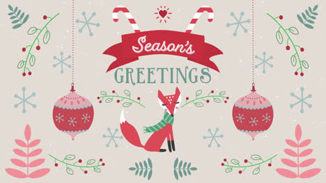 Animation-of-Seasons-Greetings-words-with-a-fox-on-Christmas-decorations-background