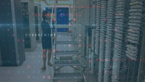 Woman-working-in-a-server-room-while-security-messages-move-in-the-foreground