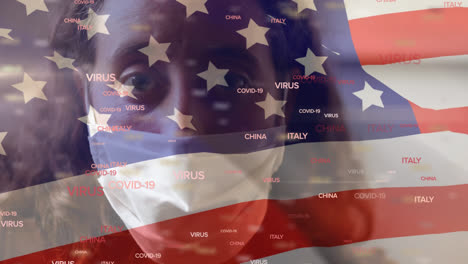 Covid-19-Konzepttext-Und-Frau-Mit-Gesichtsmaske-Gegen-US-Flagge-Winken