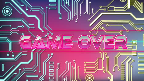 Animation-of-Game-Over-words-on-video-game-screen-with-elements-of-computer-circuit-board