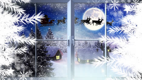 Schneeflocken-Und-Fenster-Mit-Weihnachtsmann-Und-Rentieren,-Die-Im-Winter-Fliegen