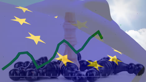 Green-graph-moving-over-waving-EU-flag-against-chess-piece