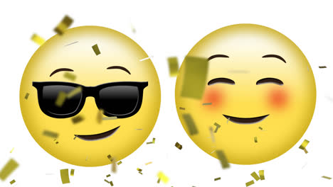 Animación-De-Confeti-Dorado-Cayendo-Sobre-Dos-Emojis-Sonrientes,-Uno-Con-Gafas-De-Sol-Sobre-Fondo-Blanco.