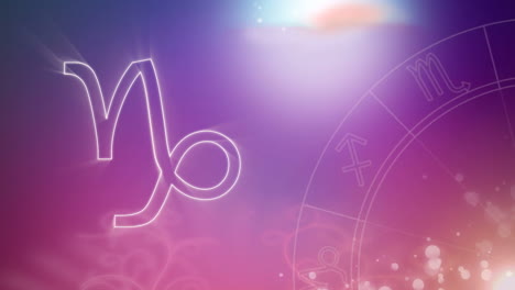 Capricorn-zodiac-sign-and-zodiac-wheel-on-purple-to-pink-background