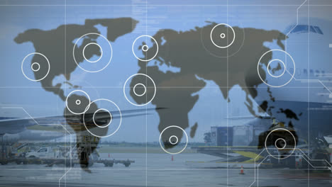 Animation-of-data-processing-and-locations-pulsating-on-world-map-and-airport
