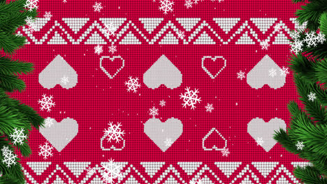 Digital-animation-of-snow-flakes-falling-over-red-christmas-traditional-pattern