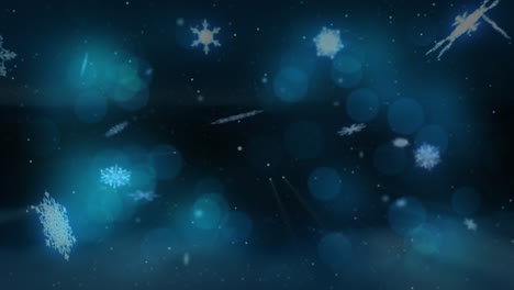 Digitale-Animation-Von-Schneeflocken,-Die-Sich-Vor-Blau-Leuchtenden-Lichtpunkten-Auf-Schwarzem-Hintergrund-Bewegen