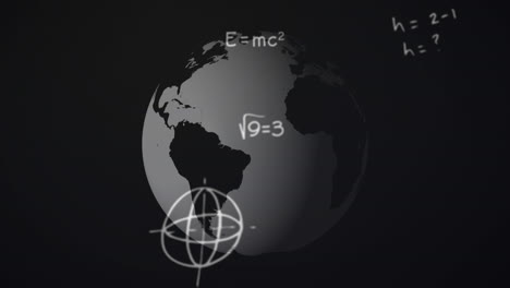 Animation-of-mathematical-equations-and-symbols-floating-over-globe-spinning