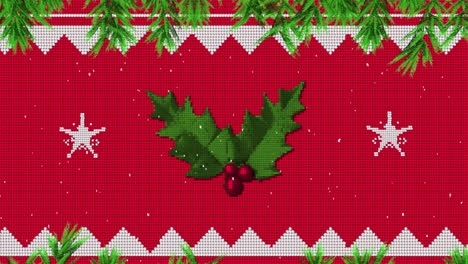 Animation-of-christmas-decoration-with-holly-and-fir-tree-branches-over-snow-falling