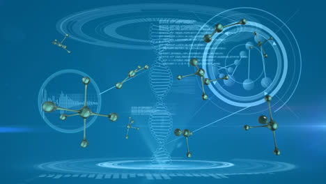 Animation-Der-DNA-Strangspinnen-Und-Datenverarbeitung-Auf-Blauem-Hintergrund
