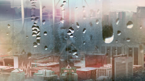 Regentropfen-Auf-Fensterglas-Mit-Unscharfem-Stadthintergrund