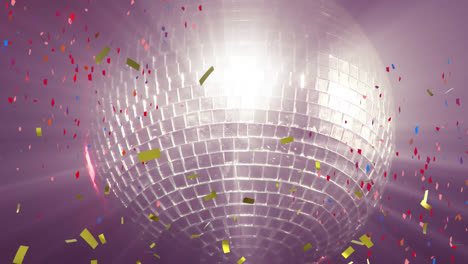 Animation-of-golden-confetti-falling-over-glowing-disco-ball