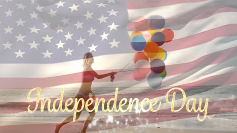 Woman-holding-balloons-at-beach-and-American-flag-with-Independence-Day.