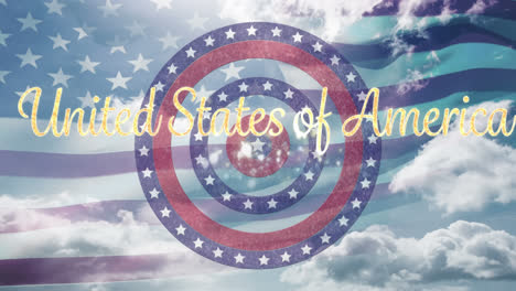 Texto-De-Los-Estados-Unidos-De-América-Sobre-Estrellas-Girando-En-Círculos-Contra-La-Bandera-Estadounidense-Ondeando