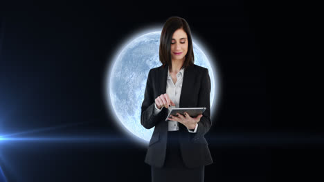 Animation-of-woman-using-tablet-over-planet-earth-with-glowing-spot-of-light