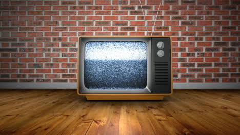 Zoom-into-old-retro-TV-with-no-signal-against-red-brick-wall-background