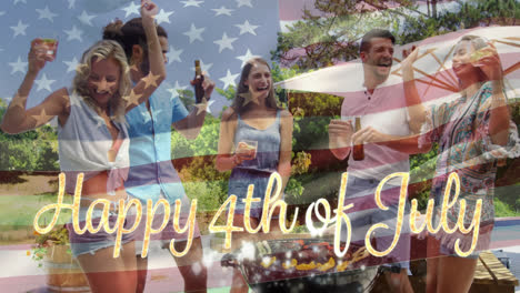 Friends-having-barbecue-picnic-and-American-flag-with-Happy-4th-of-July-text