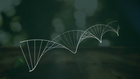 Digital-animation-of-dna-structure-spinning-against-spot-of-lights-on-green-background