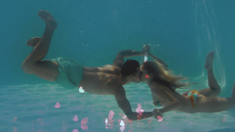 Animation-Eines-Paares-In-Einem-Swimmingpool-Vor-Dem-Hintergrund-Kleiner-Rosa-Herzen