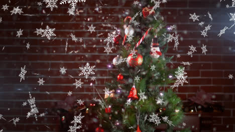 Digital-composition-of-snowflakes-falling-over-christmas-tree-against-red-brick-background