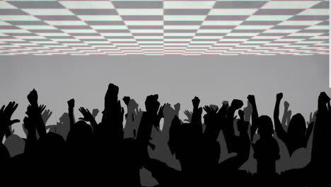 Silhouetted-crowd-raising-hands-in-the-air-on-grey-background-with-moving-grey-and-white-checkerboar