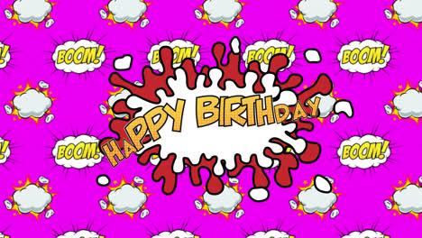Alles-Gute-Zum-Geburtstag-Und-Boom-Text-Auf-Sprechblase-Vor-Rosa-Hintergrund