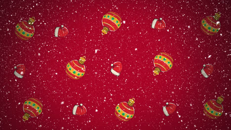 Animation-of-christmas-baubles-and-santa-hat-decorations-moving-in-rows-with-snow-falling