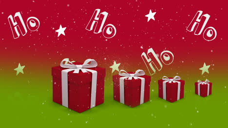 Animation-of-ho,-ho,-ho-text-and-christmas-presents,-stars-and-snow-falling-on-red-and-green-backgro