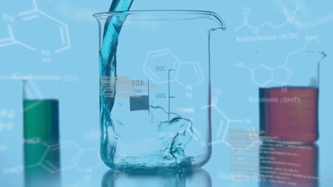 Laboratory-beakers-with-data-and-structural-formula-of-chemical-compounds-in-the-foreground