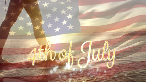 Woman-walking-by-the-beach-and-the-American-flag-and-a-4th-of-July-text