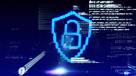 Security-padlock-icon-and-data-processing-against-blue-background