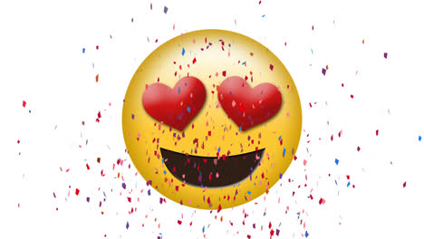 Animation-of-multi-coloured-confetti-falling-over-emoticon-with-hearts