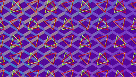 Drehende-Dreiecke-Und-Buntes-Netz-Auf-Violettem-Hintergrund