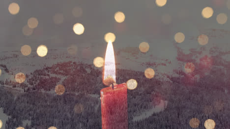 Digitale-Komposition-Aus-Brennender-Kerze-Und-Lichtpunkten-Vor-Schneelandschaft