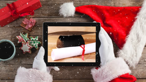 Video-composition-with-snow-over--of-top-view-of--santa-holding-tablet