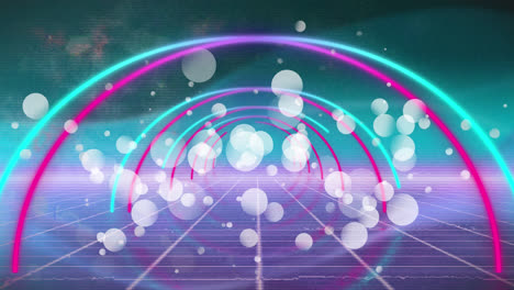 Animation-Von-Kreisen-In-Einem-Tunnel-Mit-Weißen-Blasen-Und-Einem-Gitter-Mit-Violettem-Boden-Und-Blauem-Hintergrund