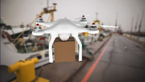 Drohne-Transportiert-Ein-Paket-über-Einen-Hafen