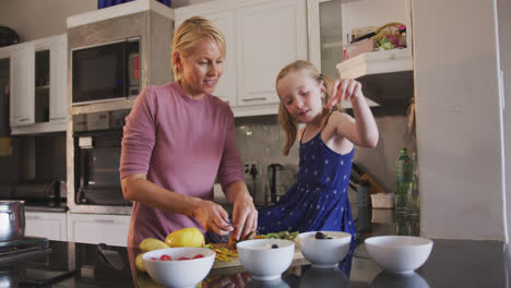 Side-view-of-Caucasian-woman-cooking-with-her-daughter-at-home