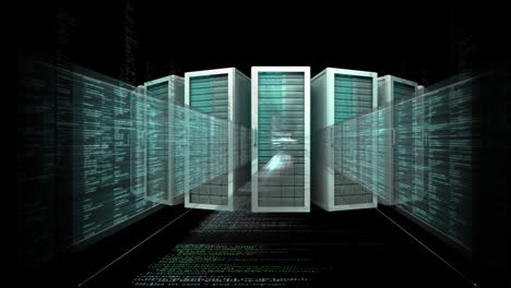 Animation-of-a-tunnel-made-of-data-processing-over-server-boxes-on-black-background