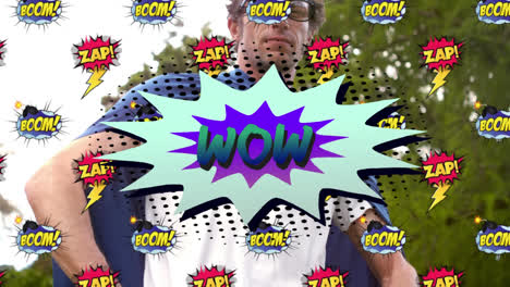 Wow,-zap-and-boom-text-on-speech-bubble-against-man-in-superhero-costume