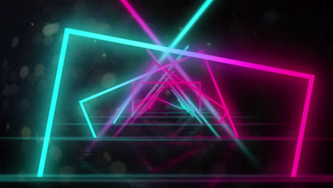 Animation-Eines-Tunnels-Aus-Mehrfarbig-Leuchtenden-Geometrischen-Umrissen,-Die-Sich-Auf-Schwarzem-Hintergrund-Bewegen