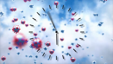 Animation-of-multiple-covid-19-cells-floating-around-clock-moving-fast-on-blue-background