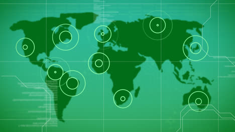 Animation-Der-Datenverarbeitung-Und-Pulsierender-Standorte-Auf-Der-Weltkarte-Auf-Grünem-Hintergrund