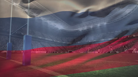 Animation-Einer-Wehenden-Russischen-Flagge-Vor-Einem-Professionellen-Stadion-Im-Hintergrund