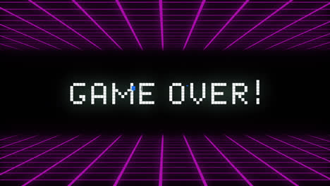 Game-over-written-in-white-distorting-on-black-background-with-purple-grid-moving-top-and-bottom