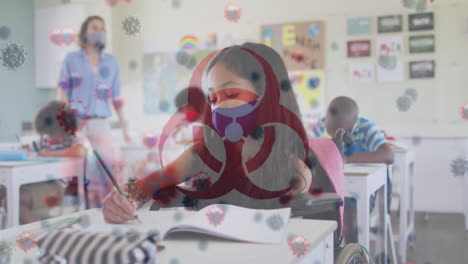 Animation-of-biohazard-symbol-and-covid-19-cells-with-children-in-classroom-wearing-face-masks